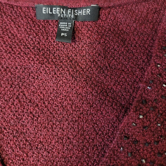 Eileen Fisher Women's Lightweight V Neck Jeweled Sweater Maroon Size S/Petite - Picture 4 of 7